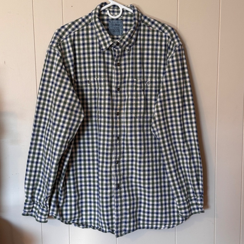 LL‎ Bean Mens XL Regular Plaid Button Down Shirt Green Navy Blue Cotton
